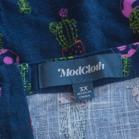 Modcloth 3X Navy Blue Cactus Plant Print Linen Blend Top - Picture 2 of 8